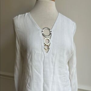 Astars Elegant White V-Neck Top with Silver Accents